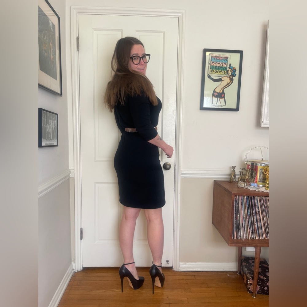 60s Vintage Black Knit Wiggle Dress w 3/4 Length Sleeves and rounded collar - Picture 2 of 10